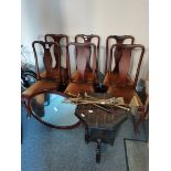 x6 wooden dining chairs, oval mirror, side table and brass fire irons