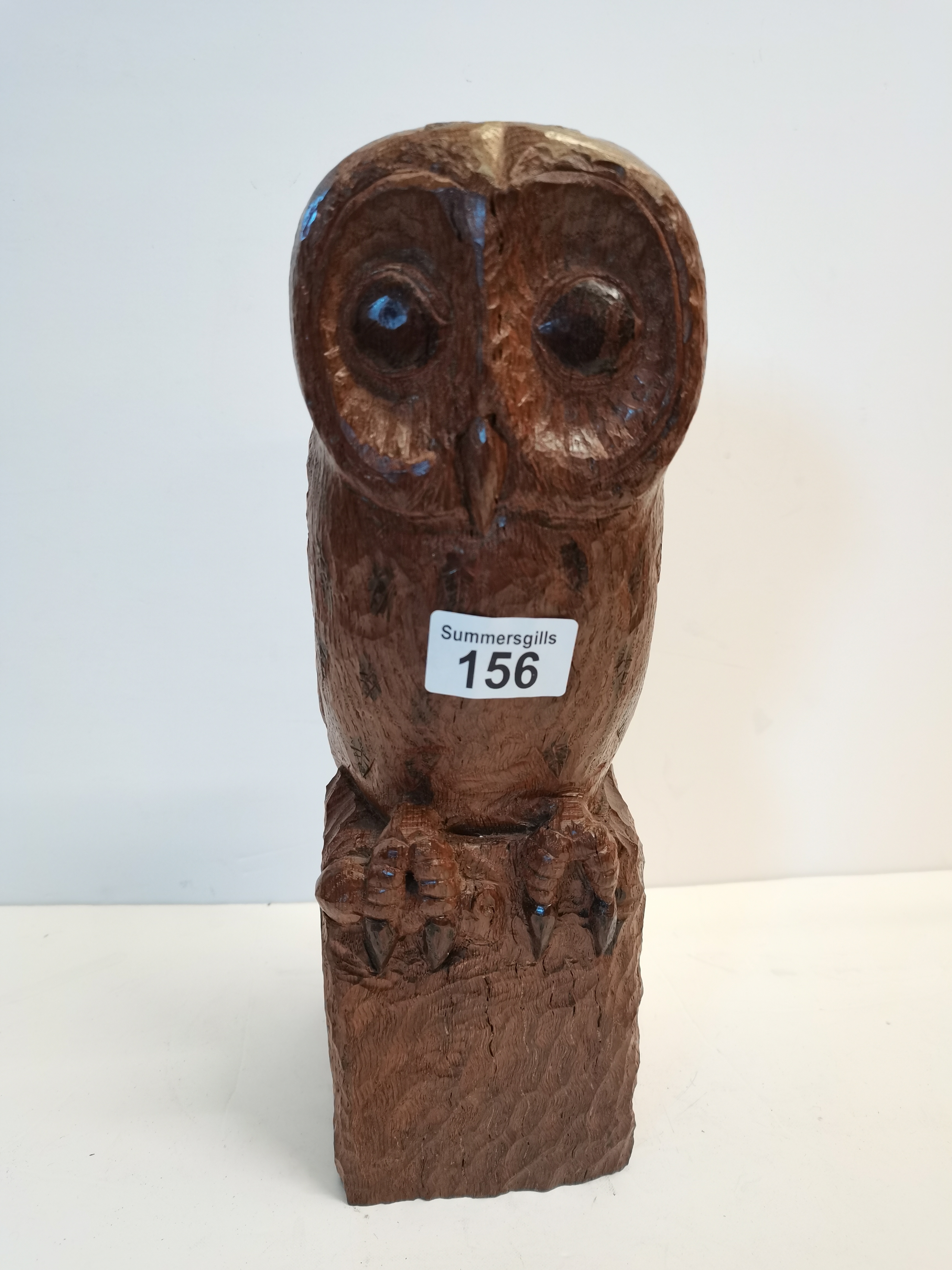 Early Mouseman - (possibly Stan Dodds) carved Oak Owl with mouse in its talons 33cm