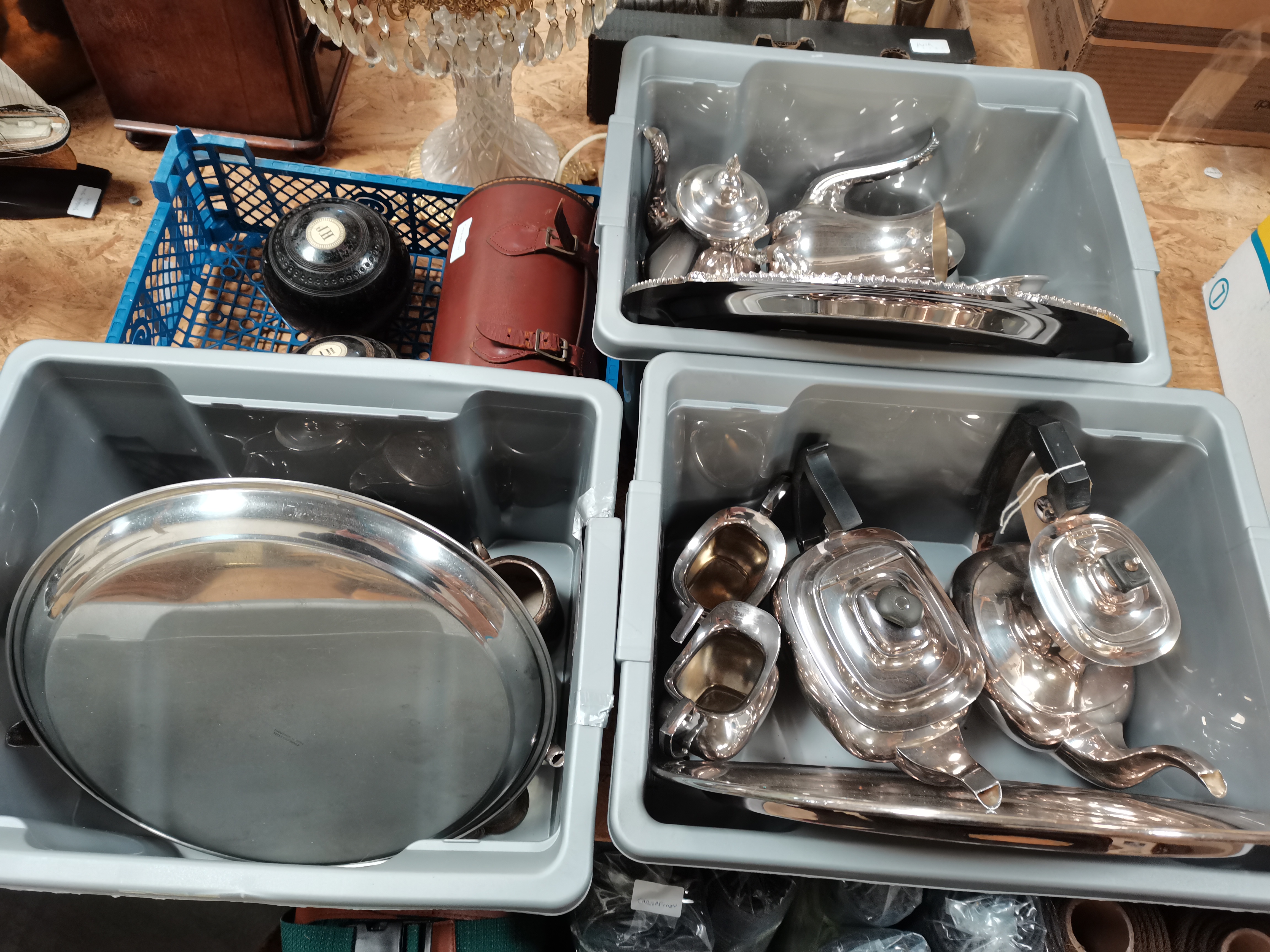 4 x boxes plated ware, coffee pots etc plus bowls