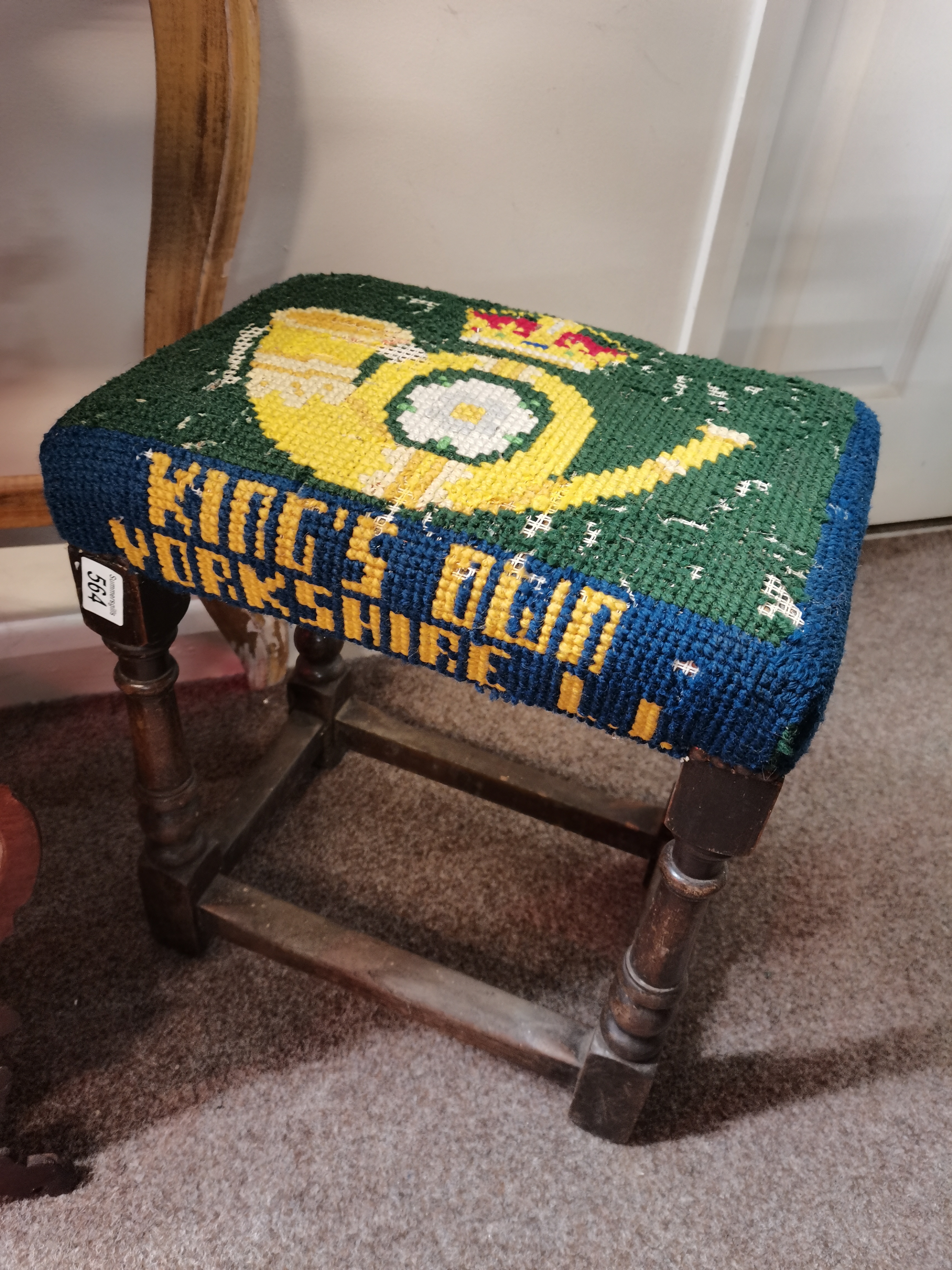 Military Joint stool with tapestry KINGS OWN emblem