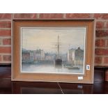 Oil painting of a harbour by V Hammond