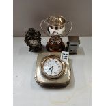 Silver clock, trophy and date box