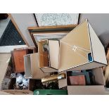 3 x boxes misc items incl cream light shades, framed pictures and map of York etc