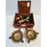 Chess pieces in wooden box and x2 brass ash trays