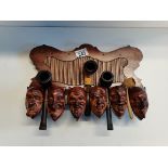 Wooden devil heads pipe holder and 4 pipes