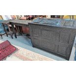 Heavily carved blanket box and 2 x side tables