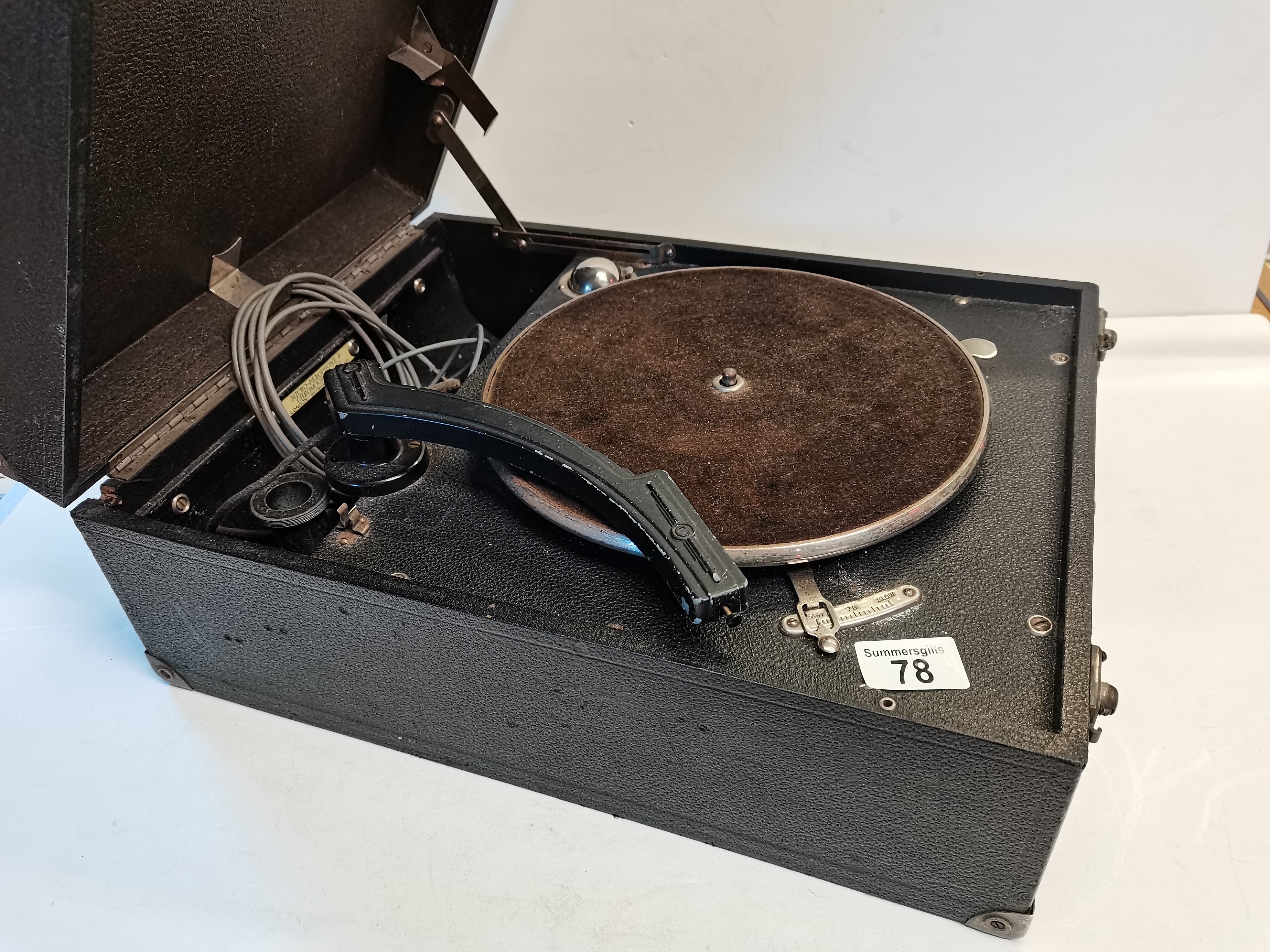 Old Record Player in Case with makers mark "Micro-Perophone & Chromogram Ltd London England"