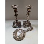 Pair of Silver Candlesticks and hand held mirror