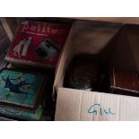 x2 boxes misc items inc, old tins, petite miniture typewriter
