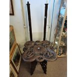 Wooden table decorated with carved dragons, x2 wooden standard lights with carved dragons