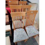 Set of 6 oak dining chairs with silver/grey coloured seats