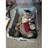 Box of Silver plated items incl cutlery, sugar shaker, tea pot etc etc