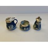 Wedgewood Jasperware pepper pot, bowl and mustard pot