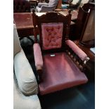 Pink velvet button back carved oak Gentleman's armchair