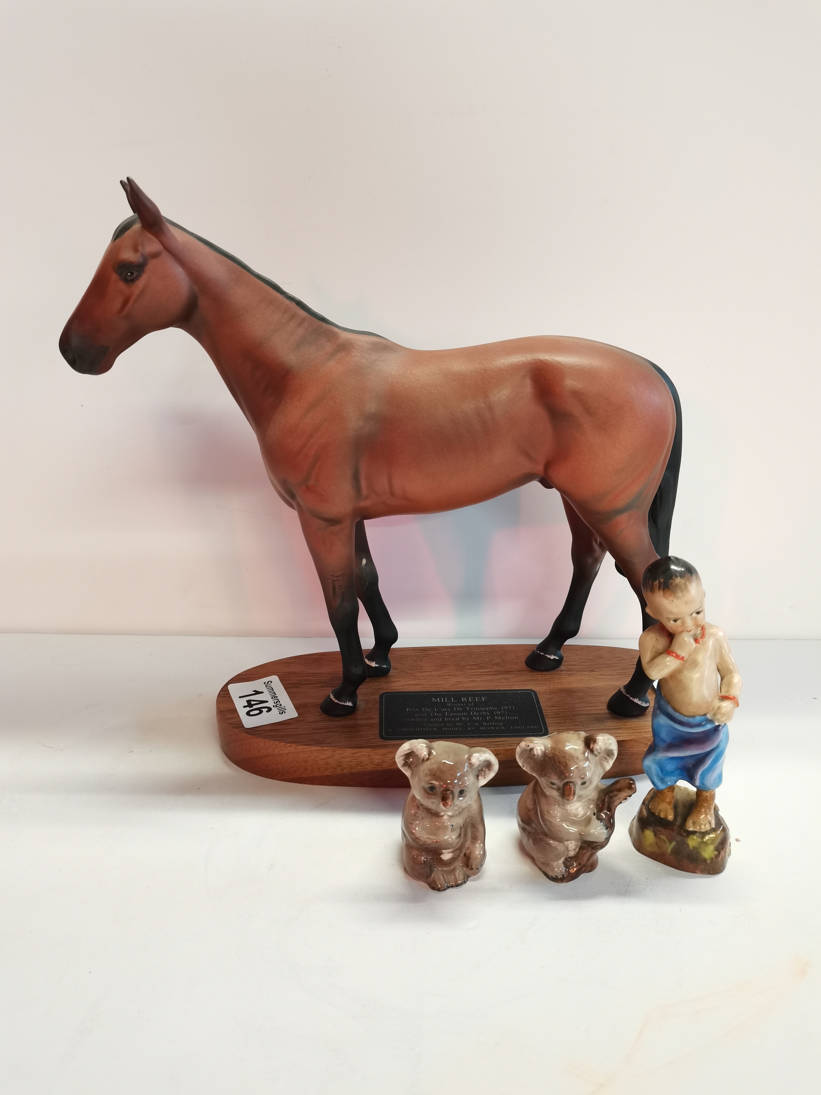 Beswick "Mill Reef" Racehorse on Stand 2 Beswick Koala Bears and a Royal Worcester Figure 3068