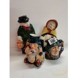 4 Figures Old Man and Woman (No Marks) and two Toby Jugs one Royal Doulton D 6463 and one