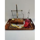 Wooden tray with Butterfly Decoration, Red Glass Bell with no Ringer and a set of Brass Scales