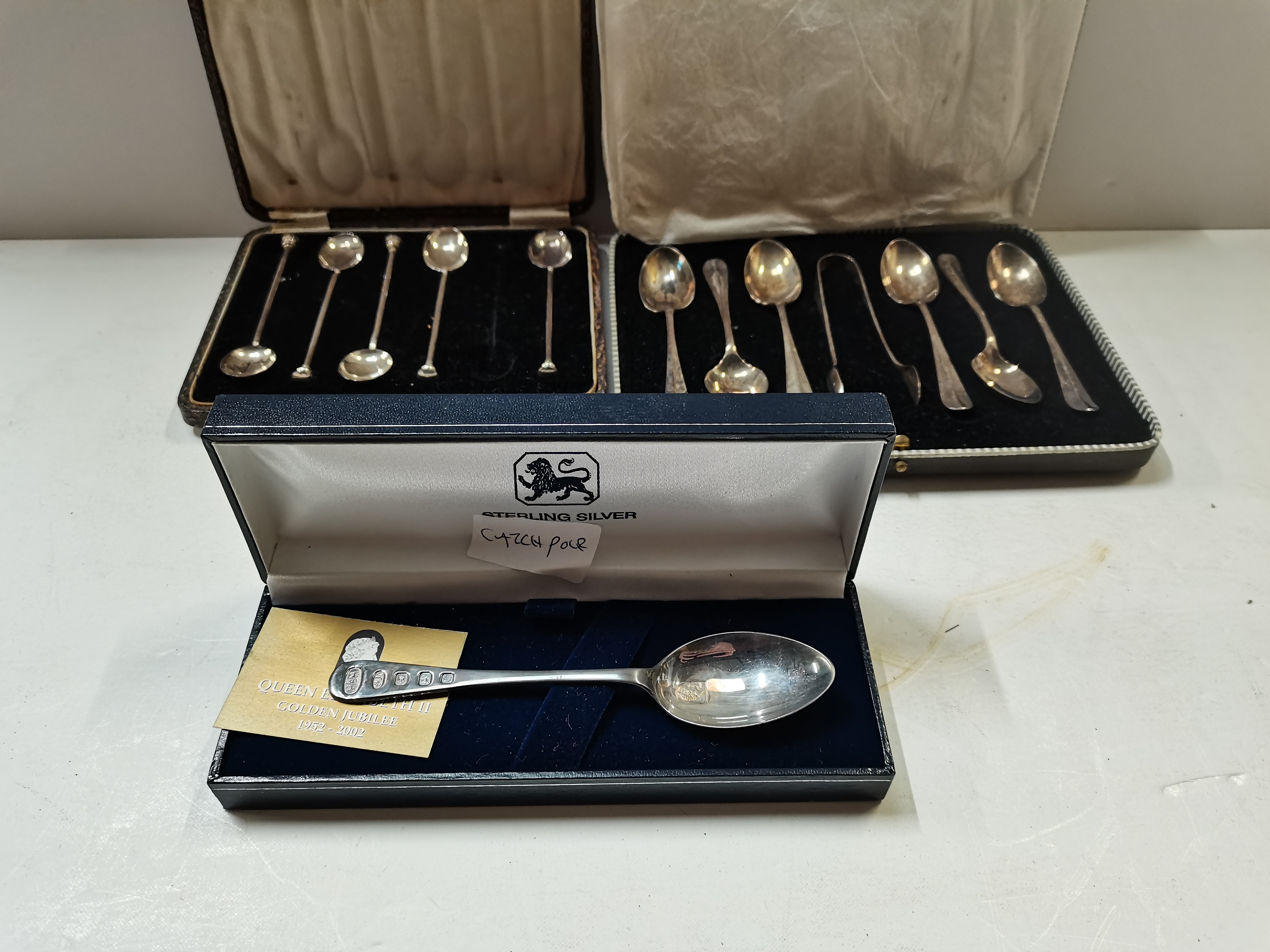 Stirling Silver Golden Jubilee Teaspoon, Boxed set of 6 teaspoons and sugar tongs, set of boxed