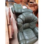 2 x green leather armchairs and footstool