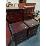 STAG MINSTREL Dark wood bedroom furniture set. X2 bedside tables, tall set chest of drawers, small