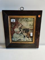 Embroidery of girl and dog in wooden Frame