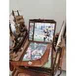 Misc items incl wooden model boats, Framed Rugby signed photographs