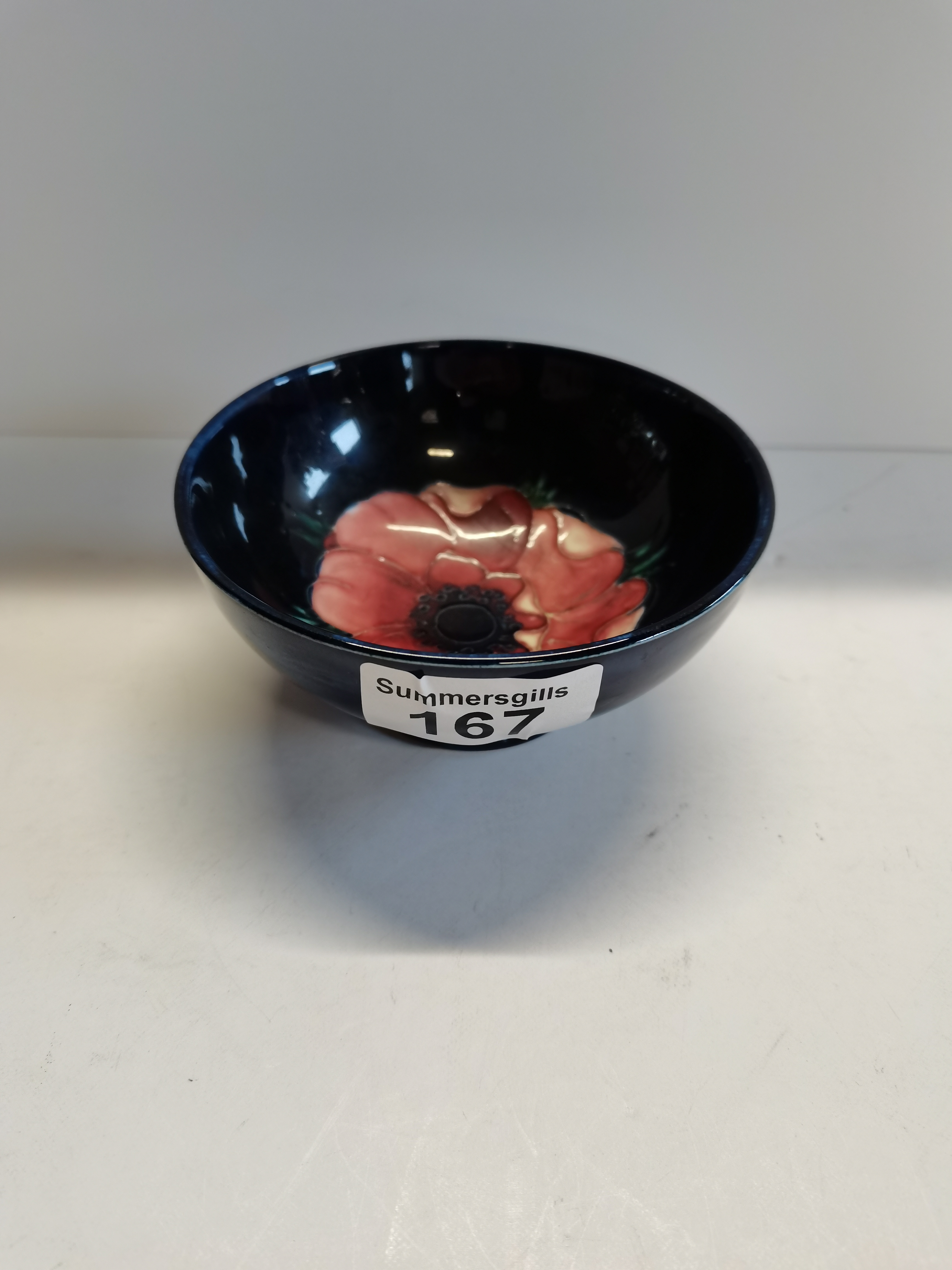 Moorcroft pottery bowl, Anemore pattern on cobalt blue. Excellent condition not chips or cracks