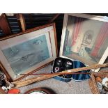 2 framed pictures, set of bowls and fishing items