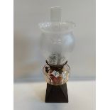 Antique Cottage Oil lamp - Complete Chip on glass shade, Poole Owl and Green coloured jug (D/D)