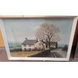 Oil Painting of a white cottage in white wooden frame by Brian Barlow