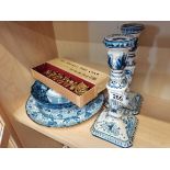 2 x Delft candlesticks, boxed model of State Coach plus 3 x blue and white items