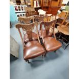 x4 carved oak dining chairs with leather seat, child high chair, x1 carver chair and octagonal