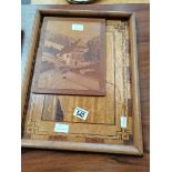 Wooden inlaid tray with boat decoration and Swiss cottage scene