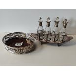 Silver plated cruet set and bottle holder