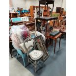 Misc. items inc, x4 side tables, x3 wicker chairs, various pictures, balloon back grey chair, bag of