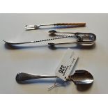 Sugar tongs, stilton spoon pickle fork and melon spoon