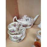 China Tea pot, sugar bowl, x2 cups and saucers