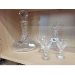Sherry decanter with silver label plus smaller decanter and 4 x crystal sherry glasses