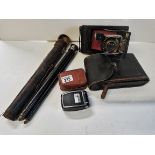 Camera Tripod in leather case, Kodak Camera in leather case & Agfa Agfalux