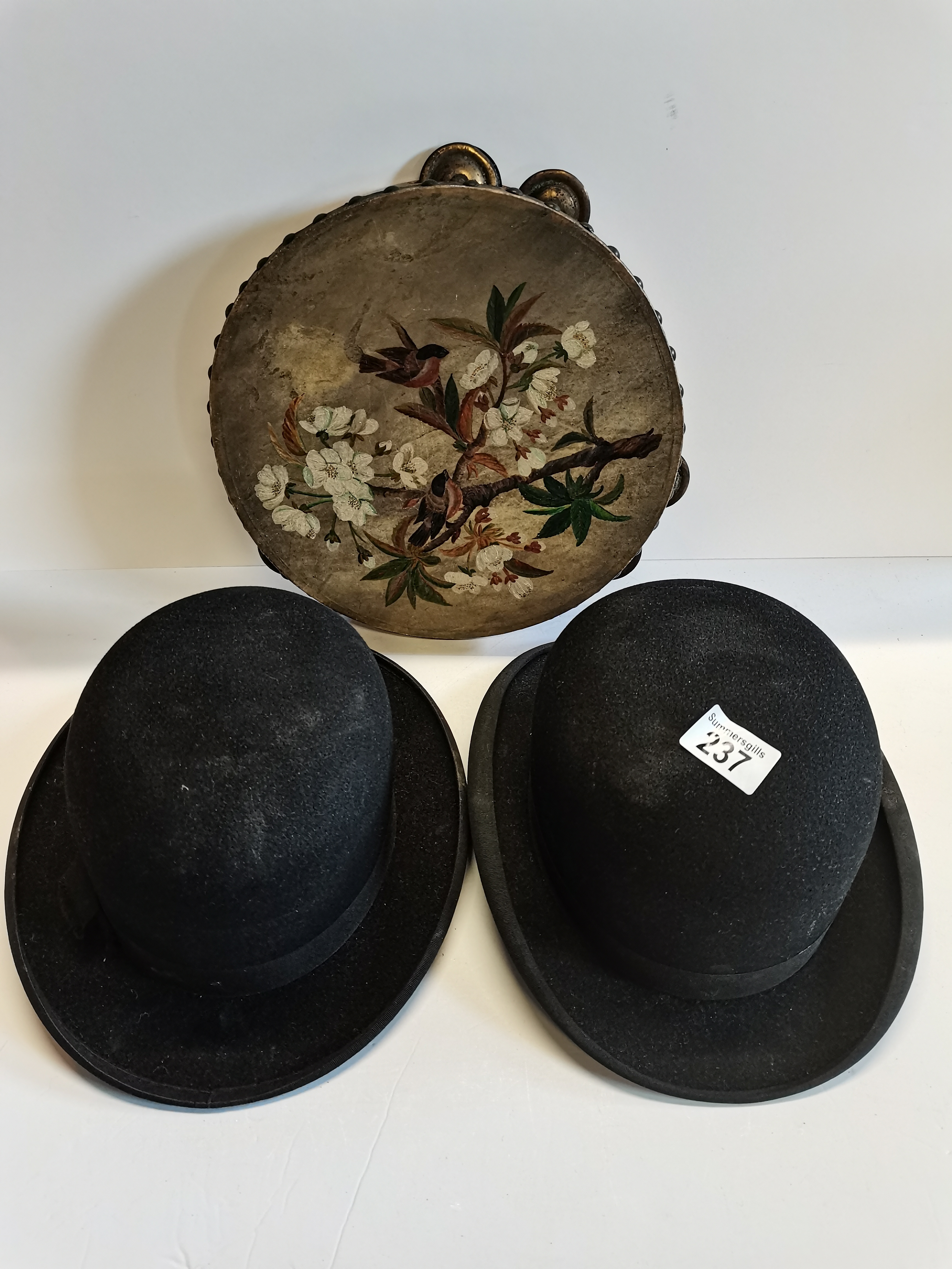 2 x bowler hats and vintage tambourine