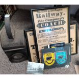 Railway memorabilia incl vintage road/rail lamp plus framed info on Stockton & Darlington company