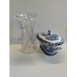 Cut glass vase plus Blue and white casserole dish (A/F)