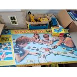 Vintage boxed Matchbox toy car racing track plus vintage toy vehicles