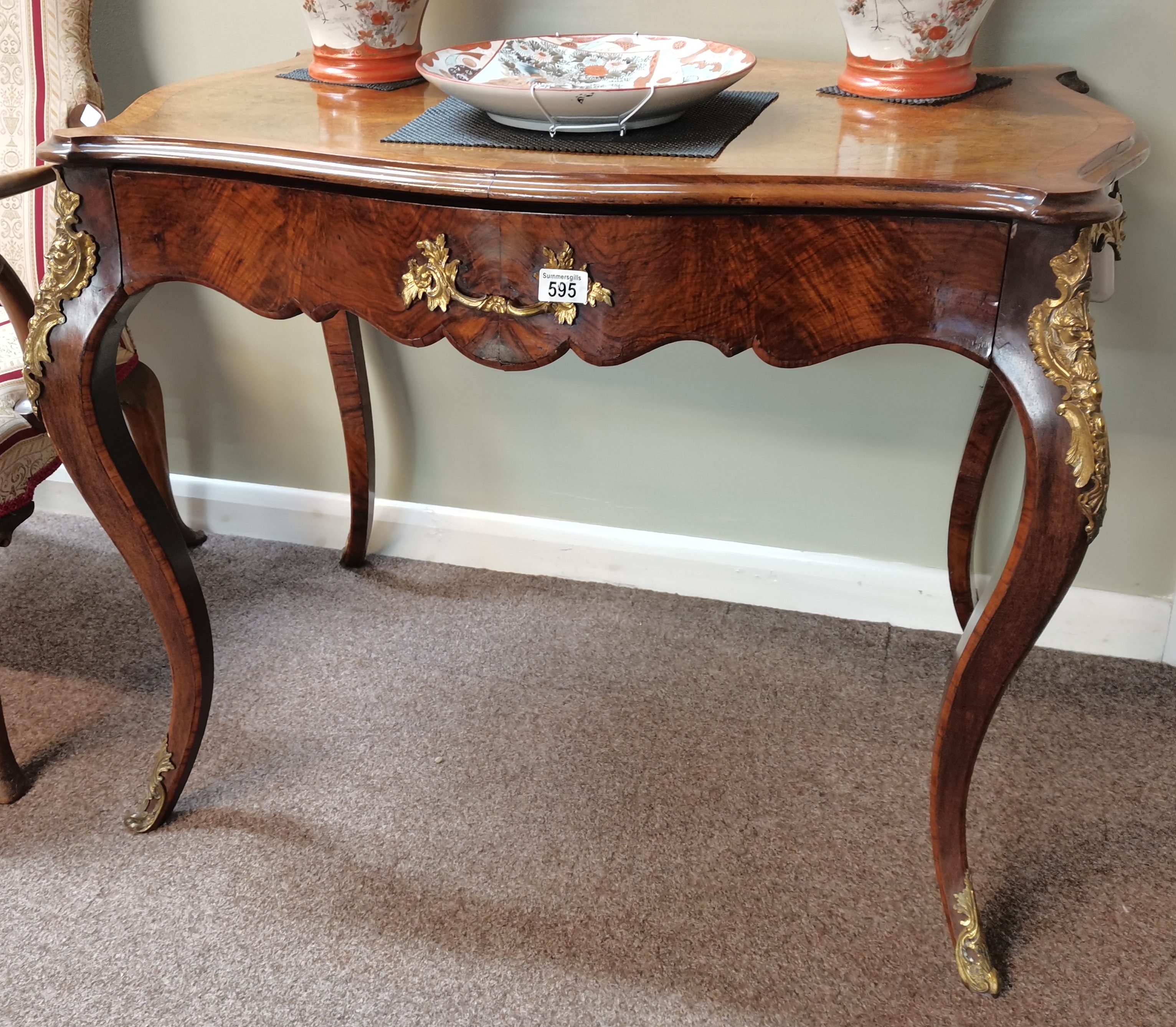 Antique Walnut Table with cabriole legs and Brass decorations