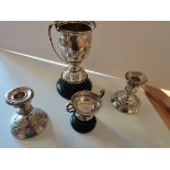 Silver trophy x 2 245g plus pair silver candlesticks
