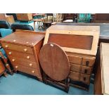 bureau, 4ht chest of drawers, folding oval side table and drop leaf dining table