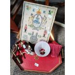 Framed Sampler Needlework com. Queen's Coronation 1953 plus wall lights and vintage tray