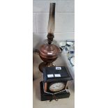 Oil lamp, copper kettle and mantle clock with key