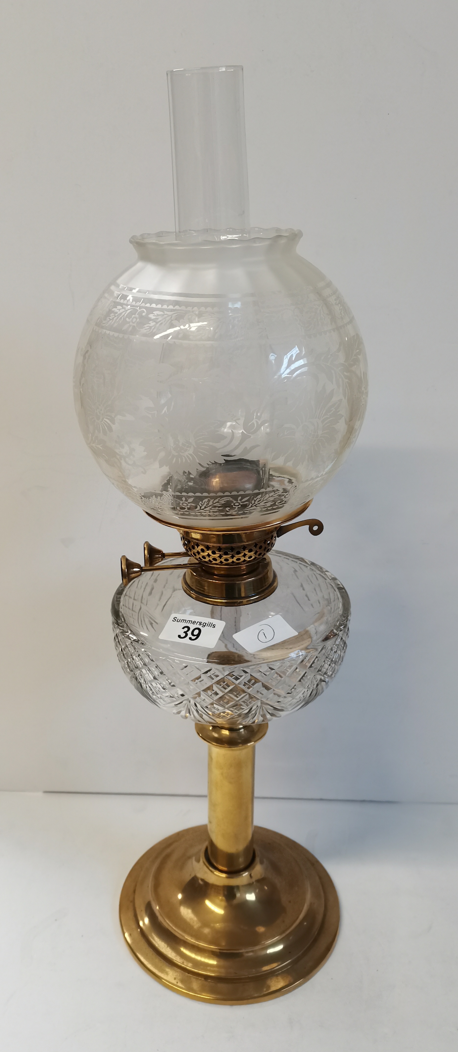 Ornate Etched glass and Brass Oil Lamp - Image 3 of 3