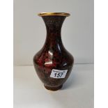 Chinese Cloisonne enamel vase 21cm tall with flowers on brown ground